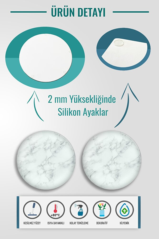 2'li Takım | Cam Tabak - Kahvaltı Tabağı - Pasta Tabağı | Klasik Mermer Desenli | Çap32cm