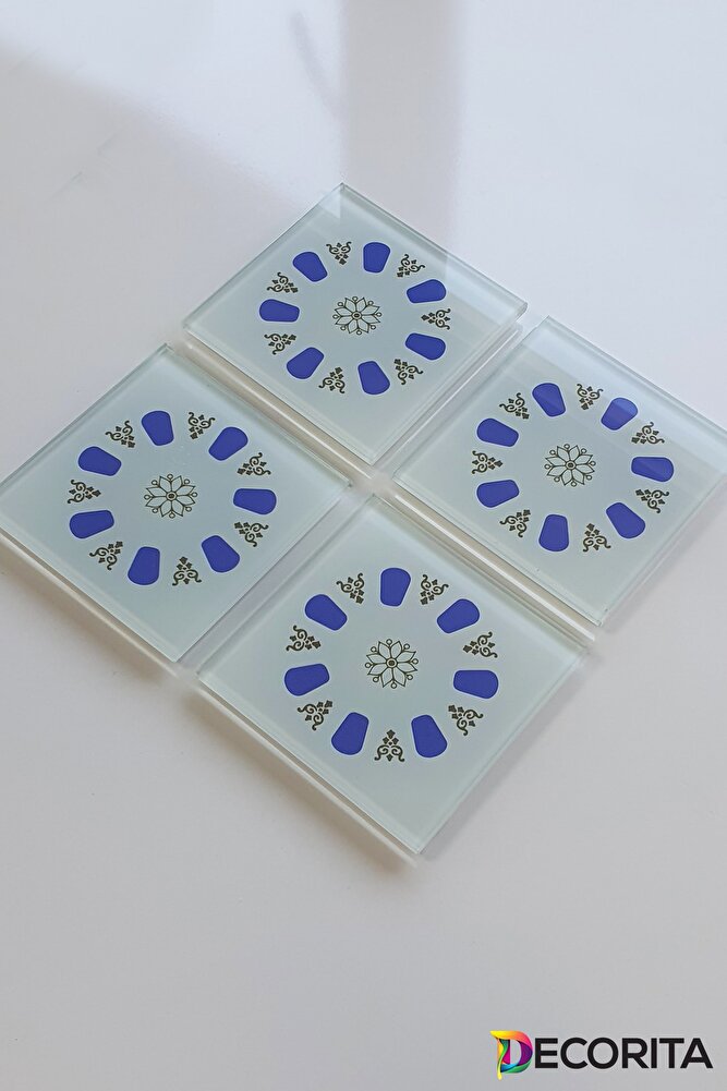 Cam Bardak Altlığı | Acem Kahveci - Yuvarlak Desen - Mavi | 4'lü Takım | 10cm X 10cm