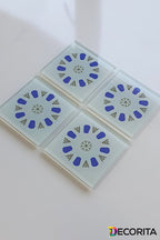 Cam Bardak Altlığı | Acem Kahveci - Yuvarlak Desen - Mavi | 4'lü Takım | 10cm X 10cm