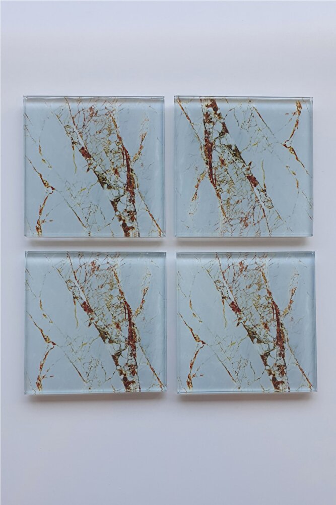 Cam Bardak Altlığı | 4'lü Takım Gold Detaylı Beyaz Mermer Görünümlü | 10cm X 10cm