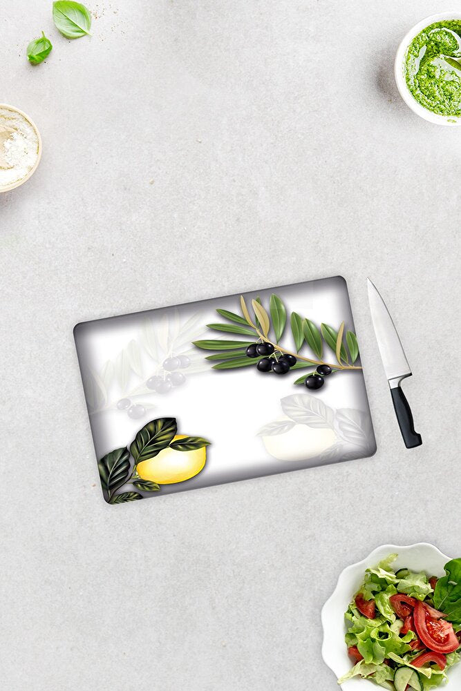 Zeytin Ve Limon Desen | Cam Kesme Tahtası - Cam Kesme Tablası | 20cm X 30cm