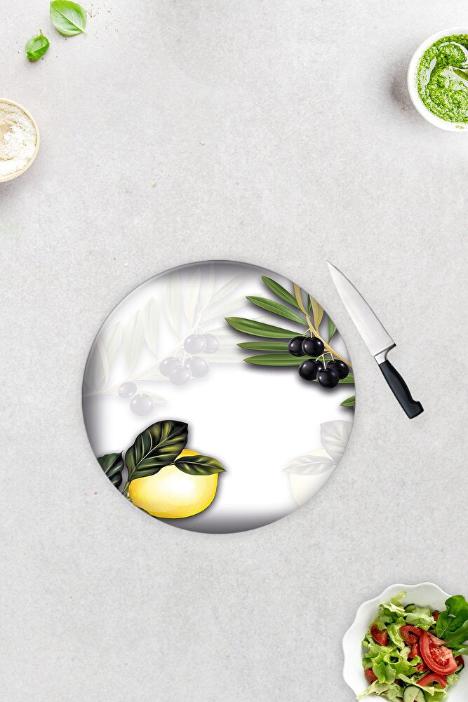 Zeytin Ve Limon Desen | Cam Kesme Tahtası - Cam Kesme Tablası | Çap32 Cm