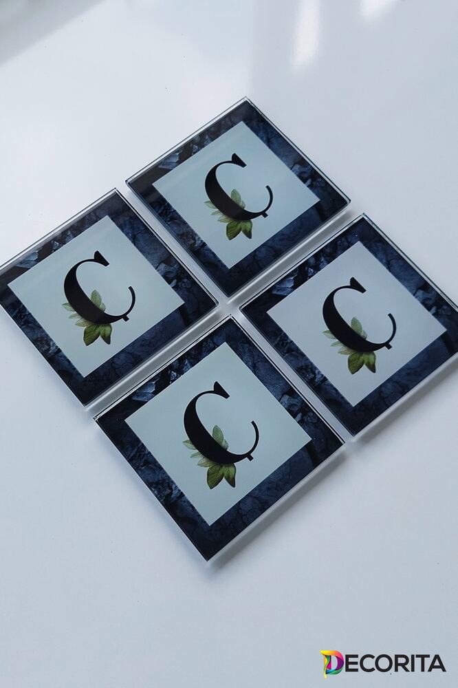 Cam Bardak Altlığı | Harfli Tasarım | 4'lü Takım | Ç Harfi | 10cm X 10cm