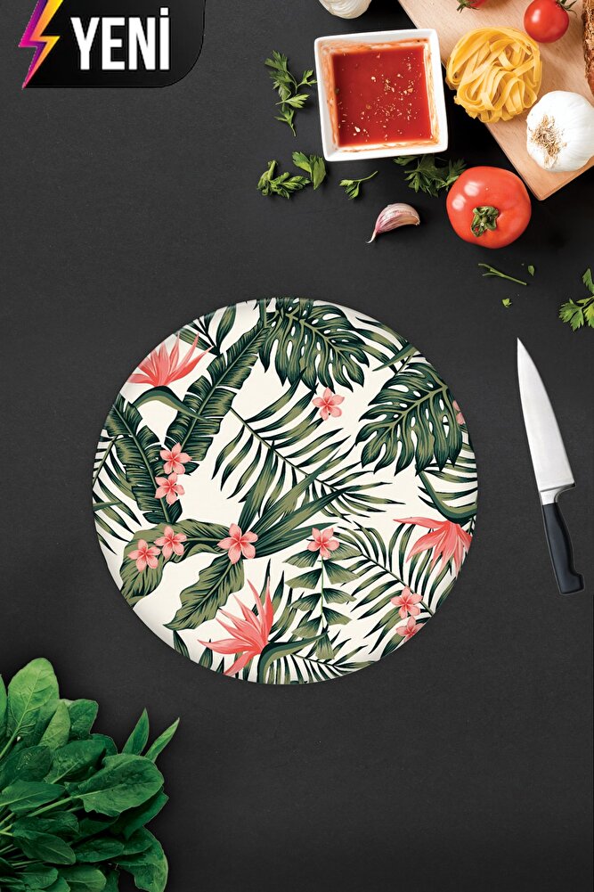 Botanik Desenli | Cam Kesme Tahtası - Cam Kesme Tablası | Çap 32cm