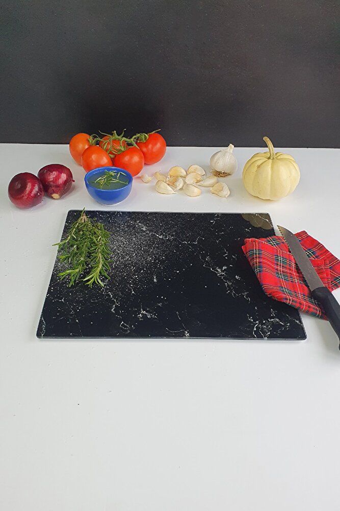 Siyah Mermer Görünümlü | Cam Kesme Tahtası - Cam Kesme Tablası | 20cm X 30cm