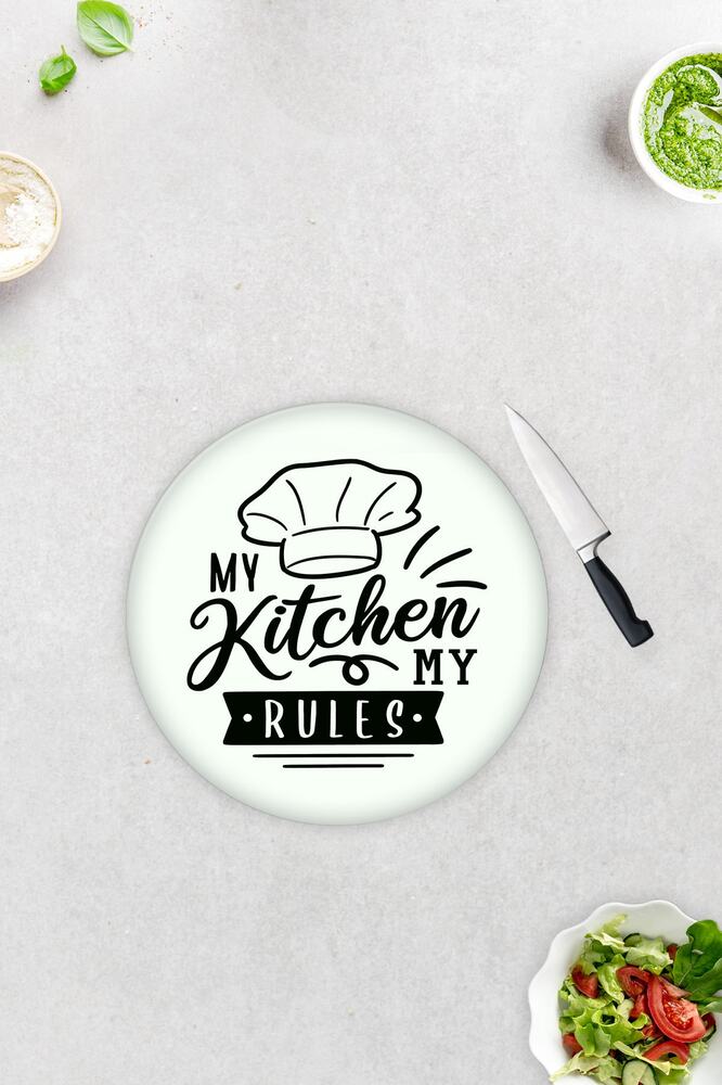 Beyaz Fon My Kitchen My Rules | Cam Kesme Tahtası - Cam Kesme Tablası  Çap32 cm