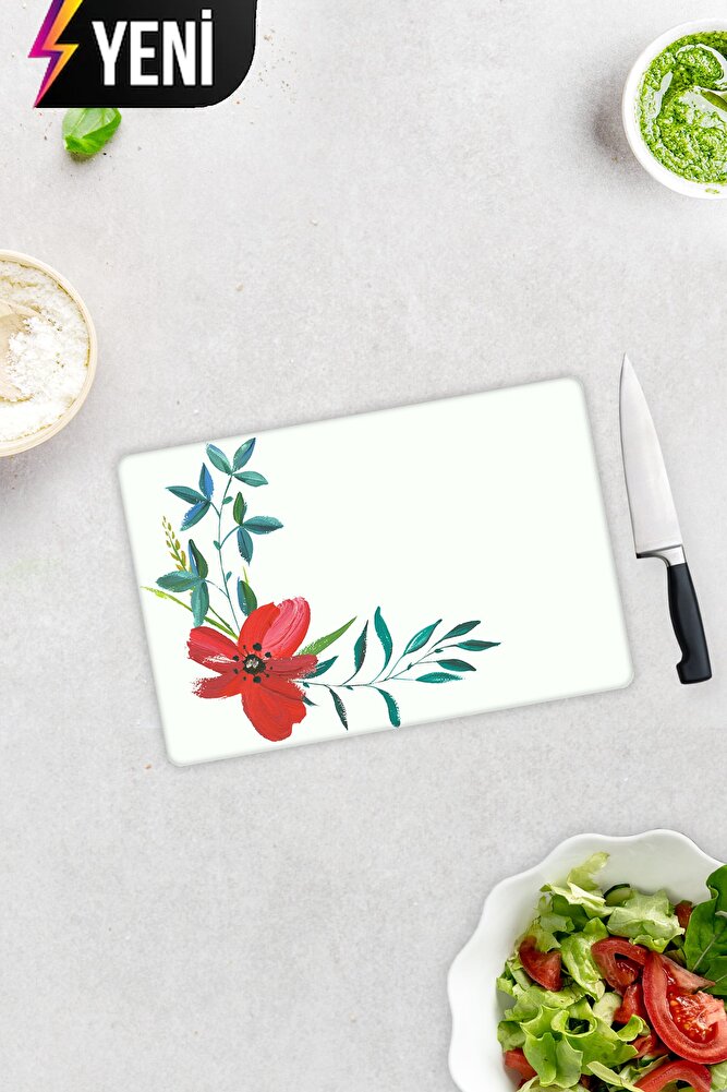 Çiçek Motifi Desenli | Cam Kesme Tahtası - Cam Kesme Tablası | Çap 32cm