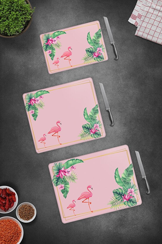 Takım Tropik Flamingo | Cam Kesme Tahtası - Cam Kesme Tablası 3 lü