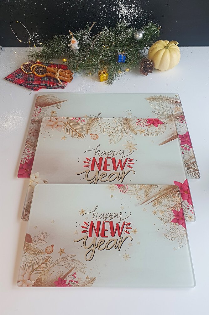 Cam Kesme Tahtası - Cam Kesme Tablası | Happy New Year - Gold | 3'lü Takım