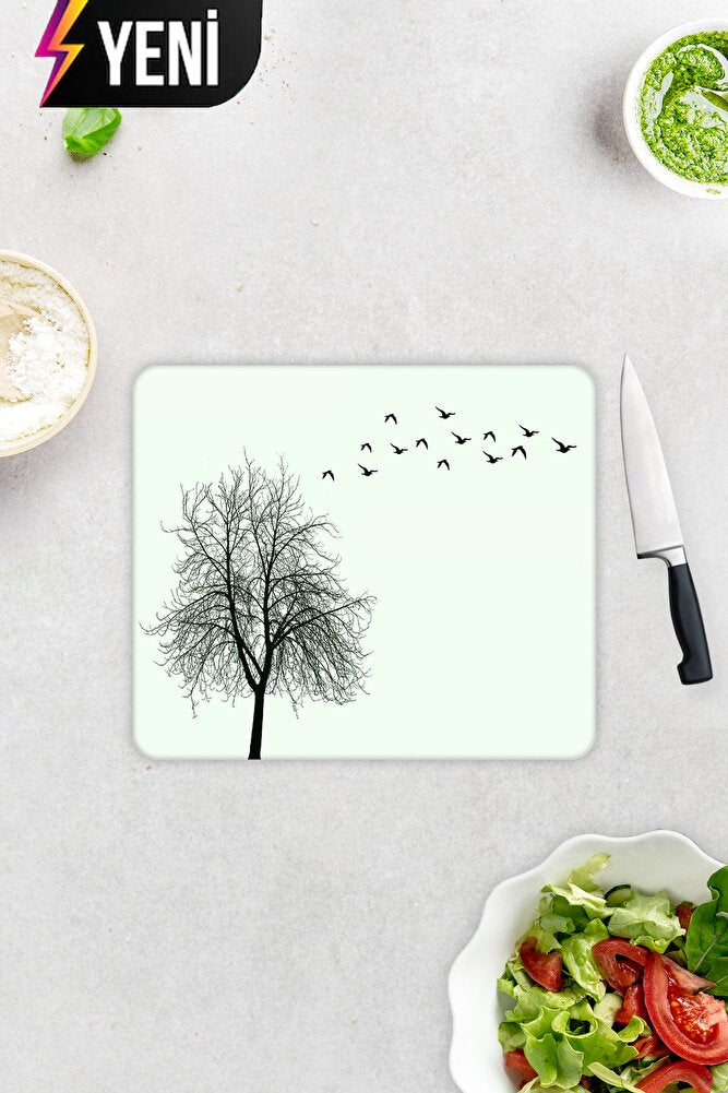 Ağaç ve Kuş Desenli | Cam Kesme Tahtası - Cam Kesme Tablası | 20cm x 30cm