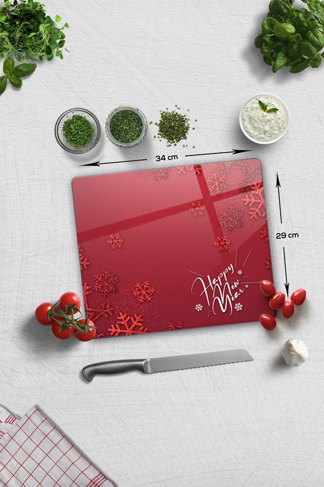 Cam Kesme Tahtası - Cam Kesme Tablası | Happy New Year Kırmızı | 29cm X 34cm