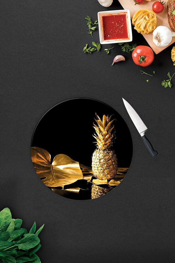 Altın Ananas | Cam Kesme Tahtası - Cam Kesme Tablası | Çap32 Cm