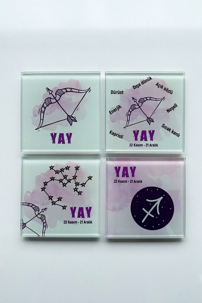 Cam Bardak Altlığı | Burçlar - Yay Burcu | 4'lü Takım | 10cm X 10cm