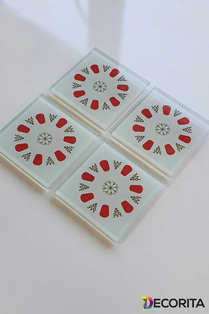 Cam Bardak Altlığı | Acem Kahveci - Yuvarlak Desen - Kırmızı | 4'lü Takım | 10cm X 10cm
