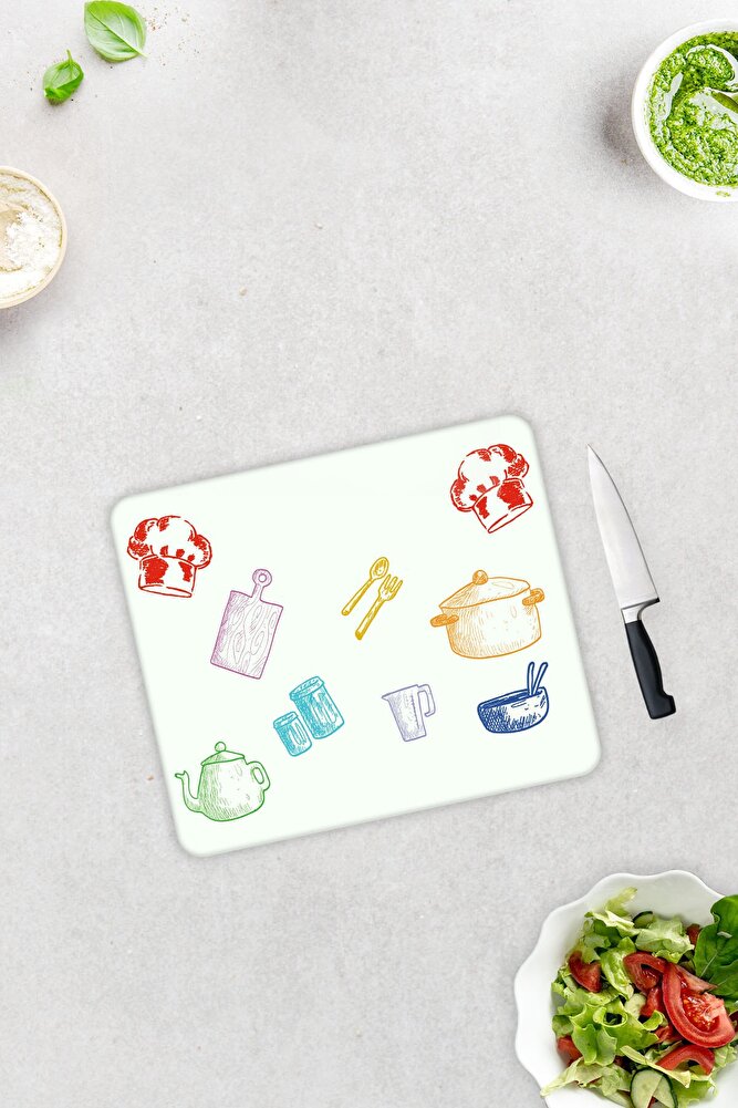 Renkli Tahta | Cam Kesme Tahtası - Cam Kesme Tablası | Beyaz Fon | 29cm X 34cm