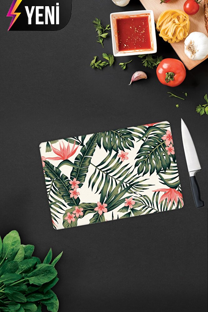 Botanik Desenli | Cam Kesme Tahtası - Cam Kesme Tablası | Çap 32cm