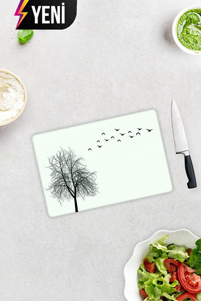 Ağaç ve Kuş Desenli | Cam Kesme Tahtası - Cam Kesme Tablası | 20cm x 30cm