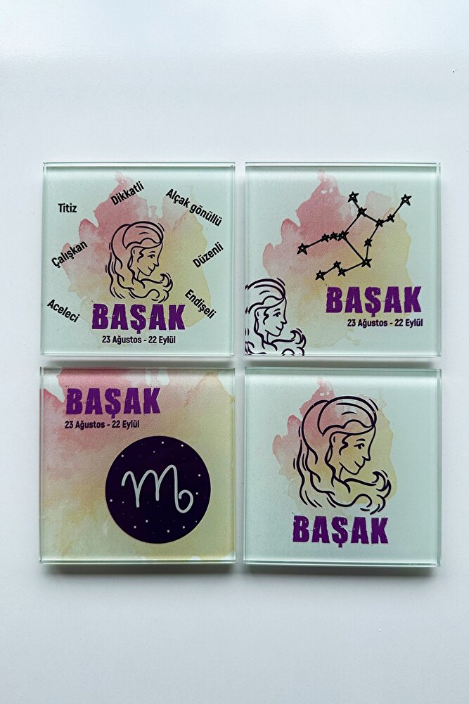 Cam Bardak Altlığı | Burçlar - Başak Burcu | 4'lü Takım | 10cm X 10cm