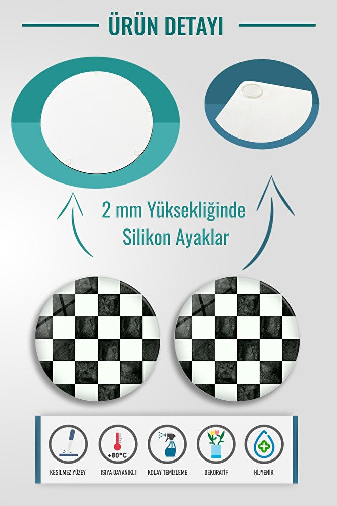 2'li Takım | Cam Tabak - Kahvaltı Tabağı - Pasta Tabağı | Damalı Desen | Çap32cm