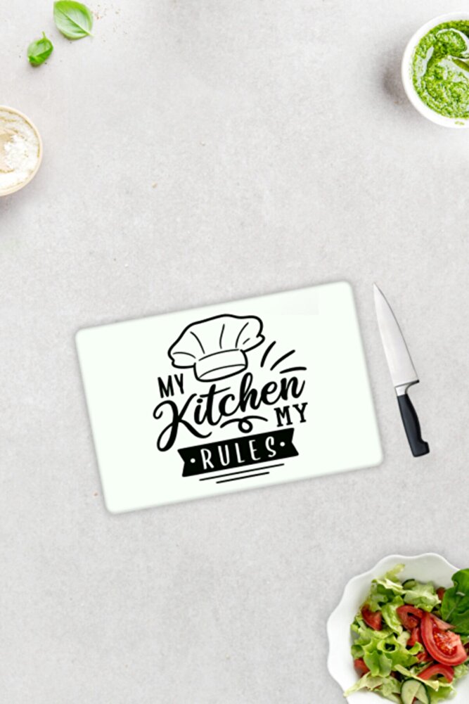My Kitchen My Rules | Cam Kesme Tahtası - Cam Kesme Tablası | Beyaz Fon | 20cm x 30cm