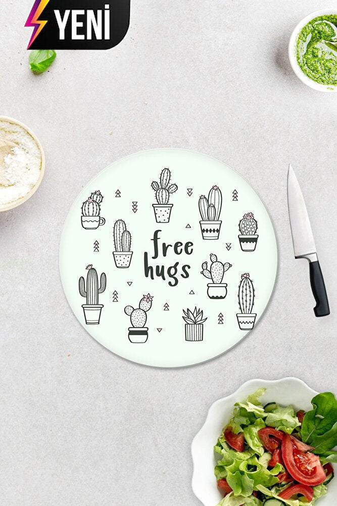 Free Hugs | Cam Kesme Tahtası - Cam Kesme Tablası | Çap 32cm