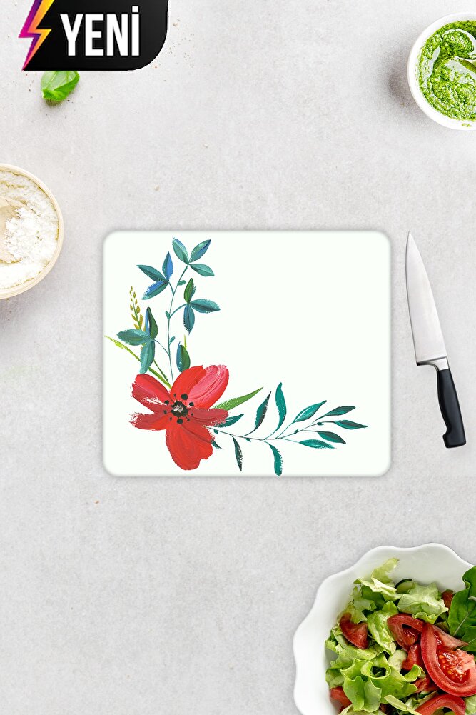 Çiçek Motifi Desenli | Cam Kesme Tahtası - Cam Kesme Tablası | Çap 32cm
