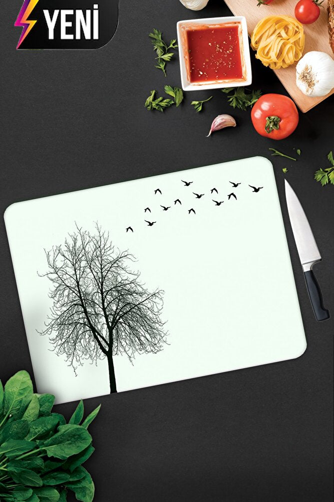 Ağaç ve Kuş Desenli | Cam Kesme Tahtası - Cam Kesme Tablası | 20cm x 30cm