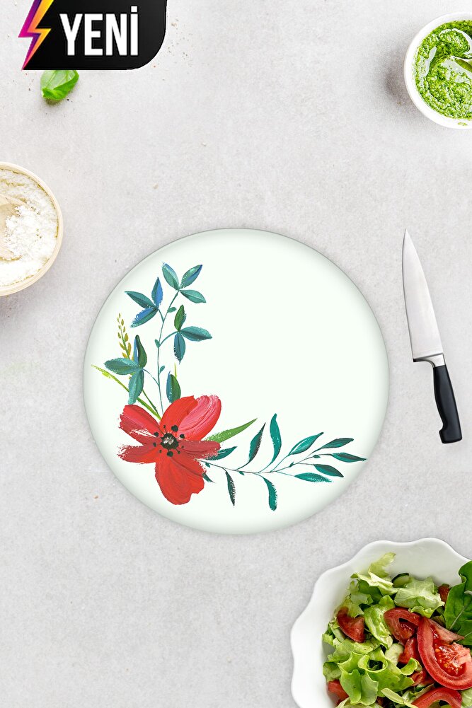Çiçek Motifi Desenli | Cam Kesme Tahtası - Cam Kesme Tablası | Çap 32cm