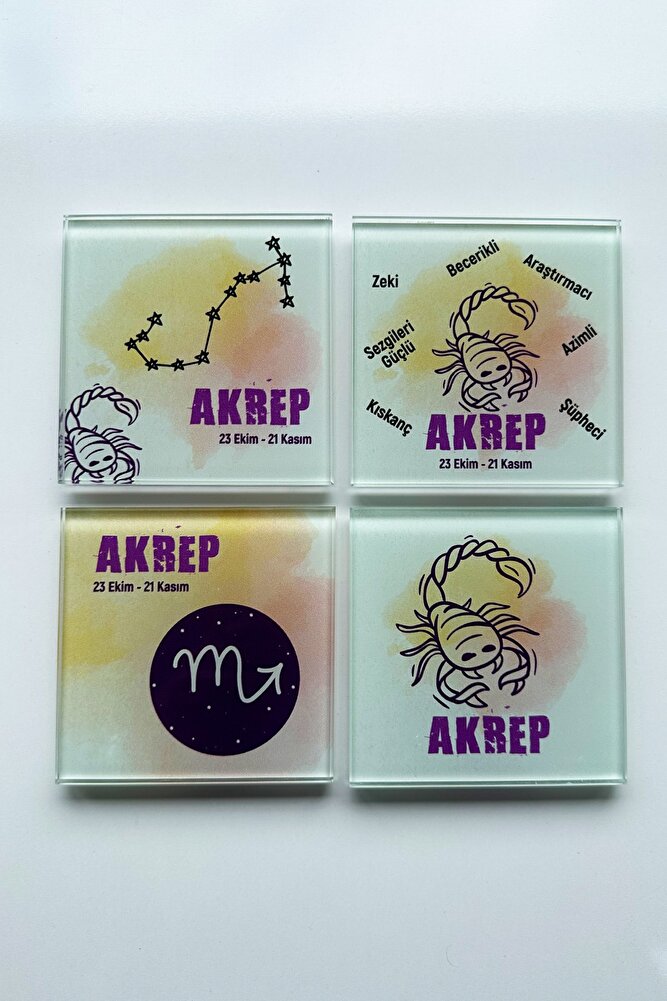 Cam Bardak Altlığı | Burçlar - Akrep Burcu | 4'lü Takım | 10cm X 10cm