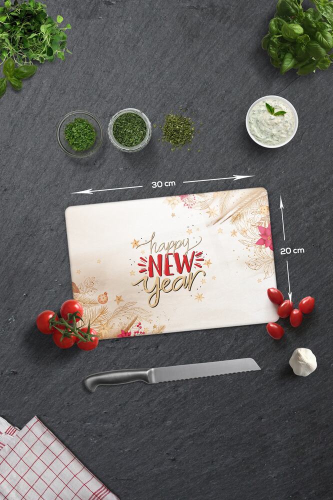Cam Kesme Tahtası - Cam Kesme Tablası | Happy New Year - Gold | 20cm X 30cm