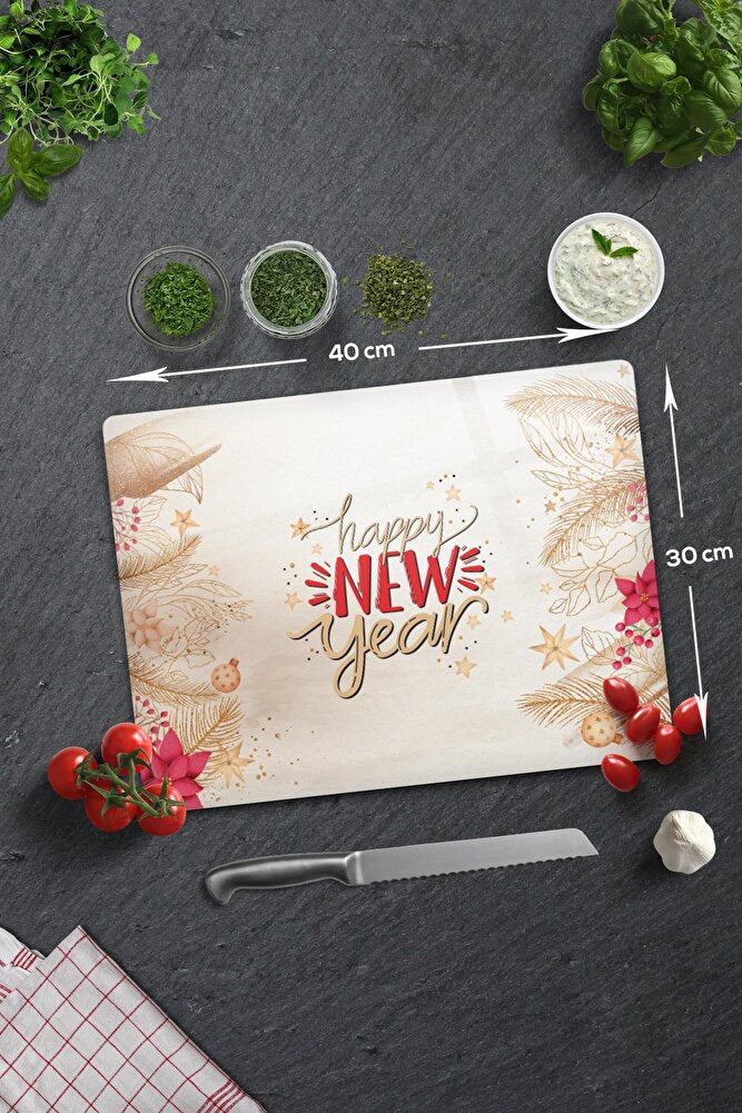 Cam Kesme Tahtası - Cam Kesme Tablası | Happy New Year - Gold | 30cm X 40cm