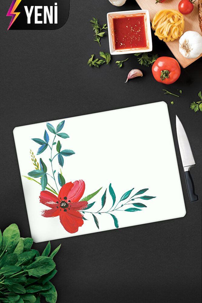 Çiçek Motifi Desenli | Cam Kesme Tahtası - Cam Kesme Tablası | Çap 32cm