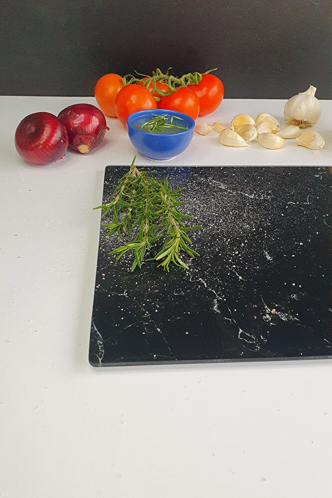 Siyah Mermer Görünümlü | Cam Kesme Tahtası - Cam Kesme Tablası | 20cm X 30cm