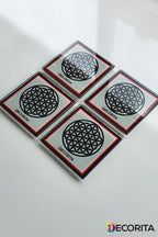 Cam Bardak Altlığı | Logolu - Kırmızı - Siyah | 4'lü Takım | 10cm X 10cm