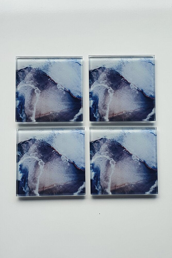 Cam Bardak Altlığı | 4'lü Takım Ocean Desen | 10cm X 10cm