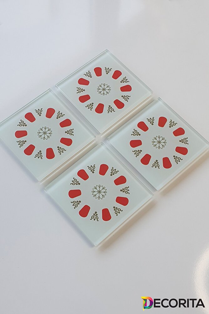 Cam Bardak Altlığı | Acem Kahveci - Yuvarlak Desen - Kırmızı | 4'lü Takım | 10cm X 10cm