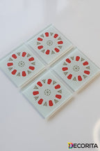 Cam Bardak Altlığı | Acem Kahveci - Yuvarlak Desen - Kırmızı | 4'lü Takım | 10cm X 10cm