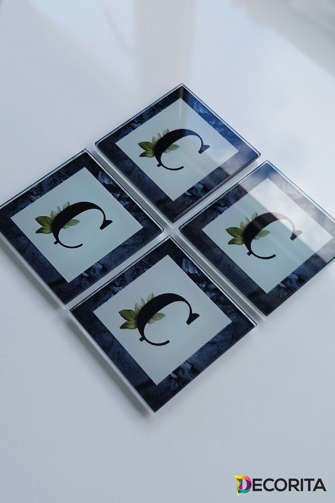 Cam Bardak Altlığı | Harfli Tasarım | 4'lü Takım | Ç Harfi | 10cm X 10cm
