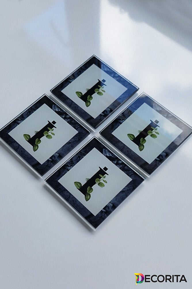 Cam Bardak Altlığı | Harfli Tasarım | 4'lü Takım | I? Harfi | 10cm X 10cm