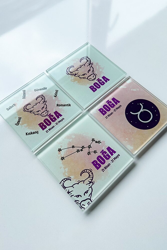 Cam Bardak Altlığı | Burçlar - Boğa Burcu | 4'lü Takım | 10cm X 10cm