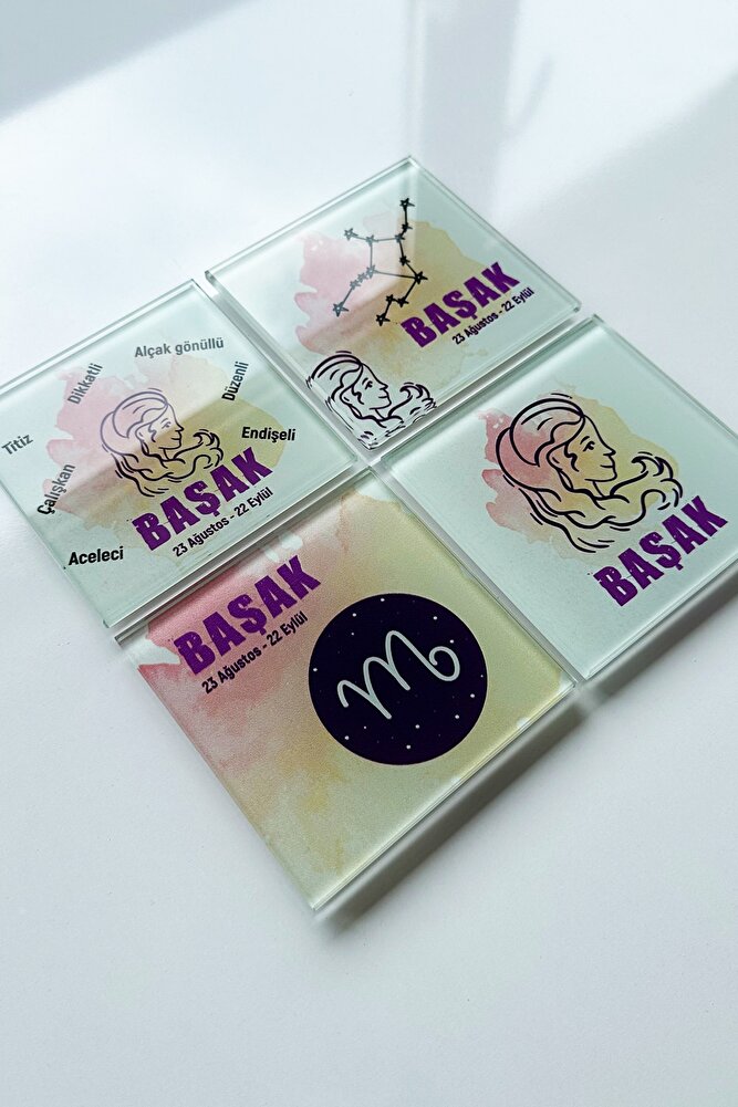 Cam Bardak Altlığı | Burçlar - Başak Burcu | 4'lü Takım | 10cm X 10cm