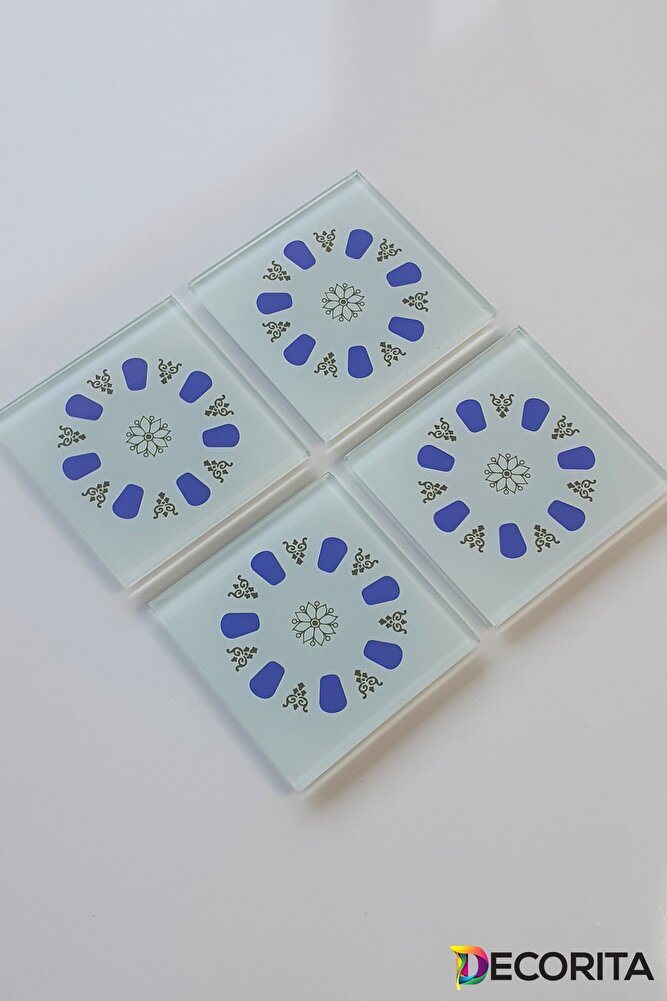 Cam Bardak Altlığı | Acem Kahveci - Yuvarlak Desen - Mavi | 4'lü Takım | 10cm X 10cm