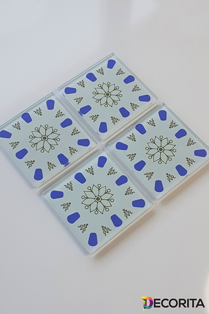 Cam Bardak Altlığı | Acem Kahveci - Mavi | 4'lü Takım | 10cm X 10cm