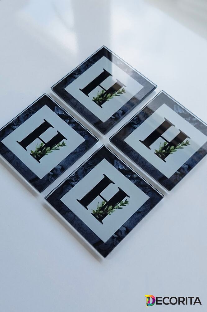 Cam Bardak Altlığı | Harfli Tasarım | 4'lü Takım | H | 10cm X 10cm
