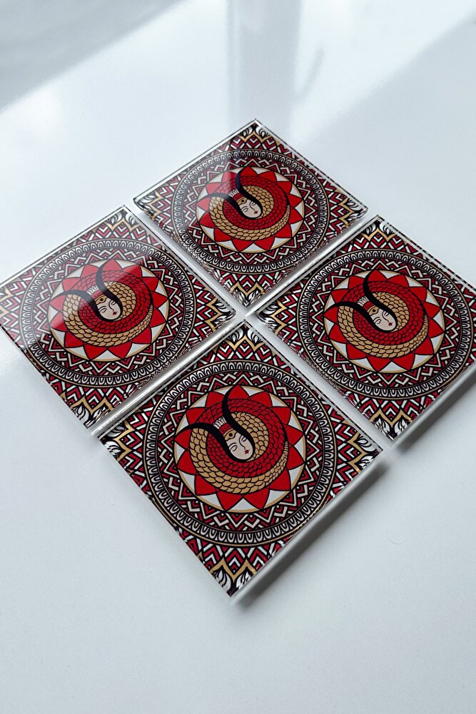 Cam Bardak Altlığı | Modern Şahmeran | 4'lü Takım | 10cm X 10cm