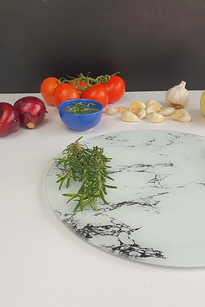 Beyaz Mermer Görünümlü | Cam Kesme Tahtası - Cam Kesme Tablası | Daire Çap 32cm