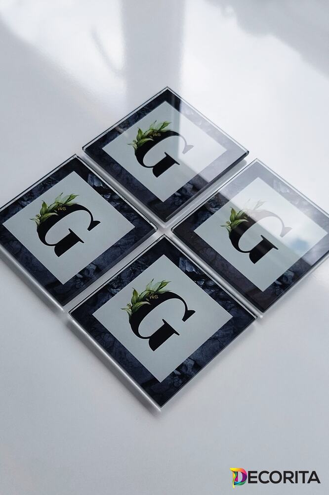 Cam Bardak Altlığı | Harfli Tasarım | 4'lü Takım | G | 10cm X 10cm
