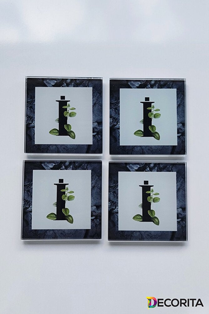 Cam Bardak Altlığı | Harfli Tasarım | 4'lü Takım | I? Harfi | 10cm X 10cm