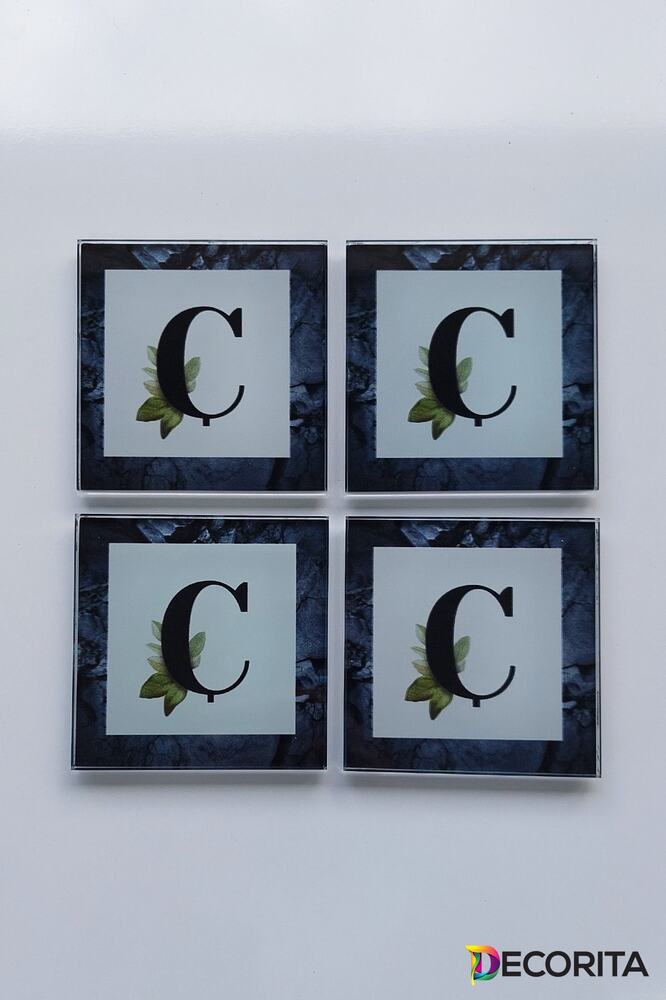 Cam Bardak Altlığı | Harfli Tasarım | 4'lü Takım | Ç Harfi | 10cm X 10cm