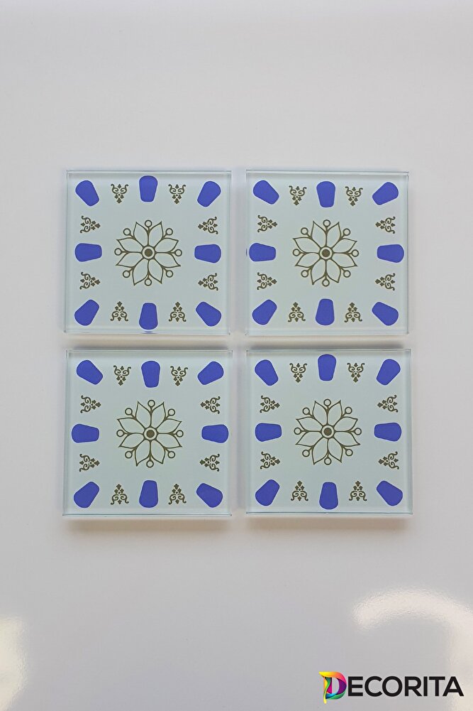 Cam Bardak Altlığı | Acem Kahveci - Mavi | 4'lü Takım | 10cm X 10cm